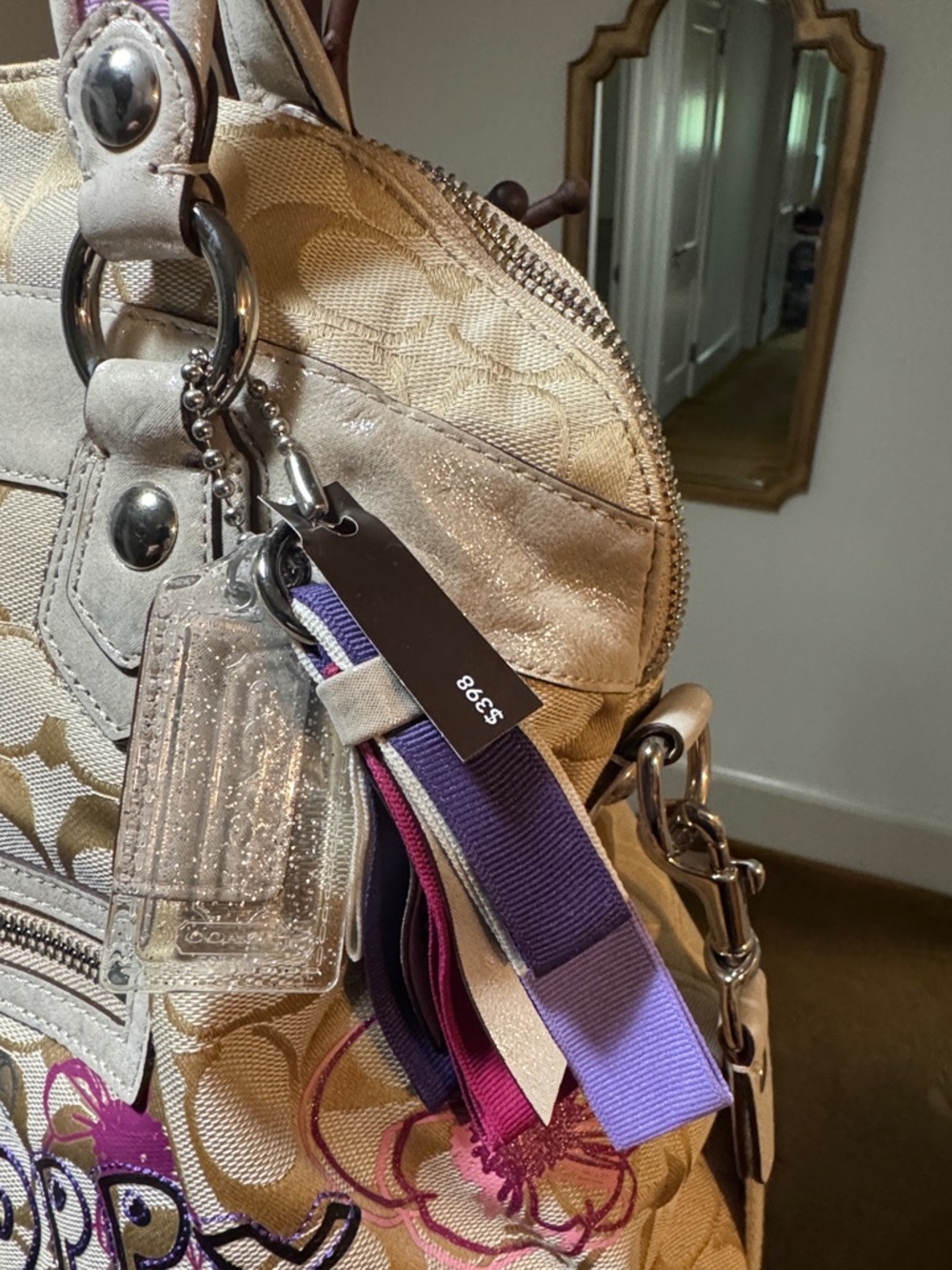 Coach Vintage Poppy Floral Appliqué Shoulder Tote Bag in Beige, Pink and Purple - Picture 3 of 10